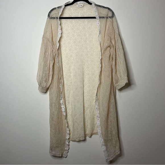 Dear Yn Other - VTG DEAR YN Antique Cream Sheer Lace Festival Embroidered Lingerie Duster Robe